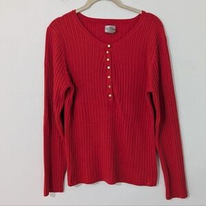 Chico's Ribbed Henley Sweater Top Round Neck Slim Fit Gold Buttons Red XL 3